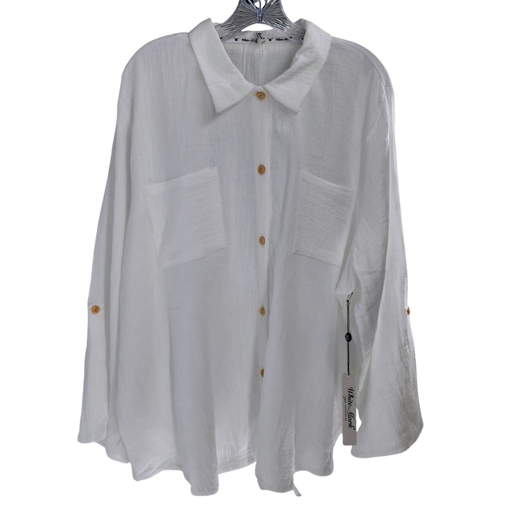 White Mark Cozy Collection White Cotton Gauze Button Down Plus Size 2XL NWT